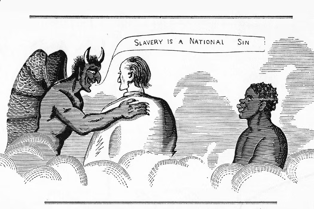 Nineteenth-century cartoon: a devil with his hand on a preacher's shoulder, a speech banner reading “Slavery is a national sin”, and an enslaved man standing apart in the clouds